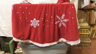 Red Faux Velvet Tree Skirt with white embroidered snowflakes & sequins & beads
