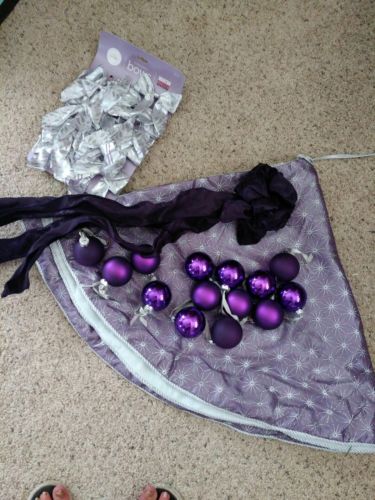 Martha Stewart Gorgeous Purple Glittered Tree Skirt, Bows, Ornaments. Beautiful