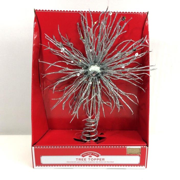 Holiday Time Starburst Tree Topper Wiry Flower Silver Glitter New