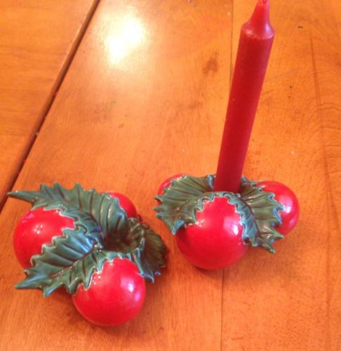 Holly Berries Candle Holders Christmas  Atlantic Molds Hand Painted Vintage