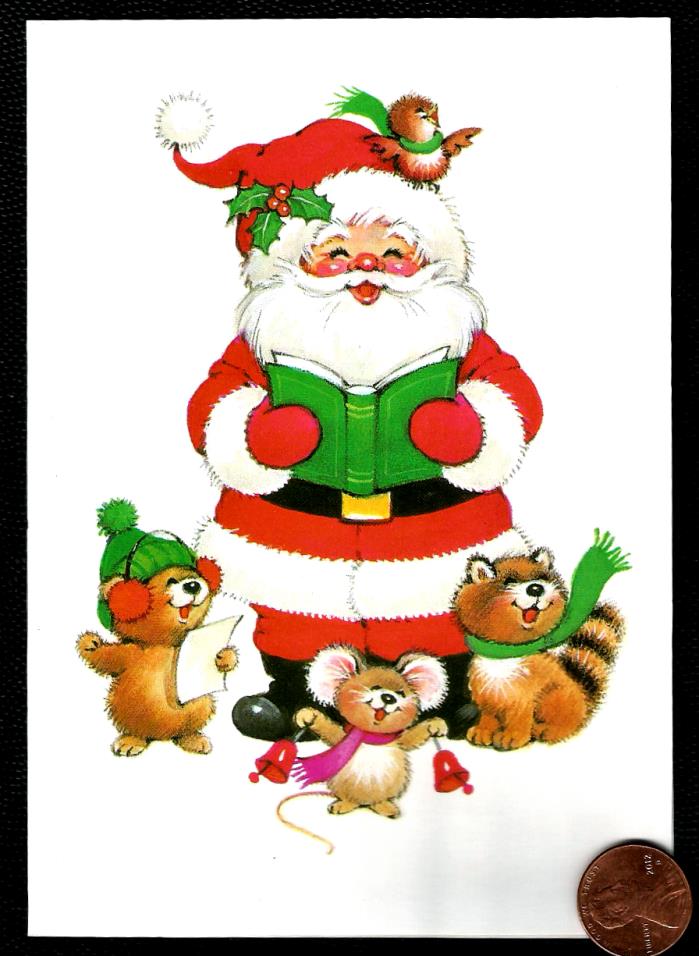 VINTAGE Adorable Santa Claus Mouse Raccoon Bird Singing - Christmas Card UNUSED