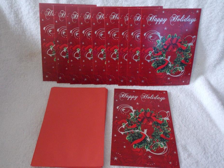 Set Of New 10 Happy Holidays Wreath Pictured Christmas Cards & Red Envelopes