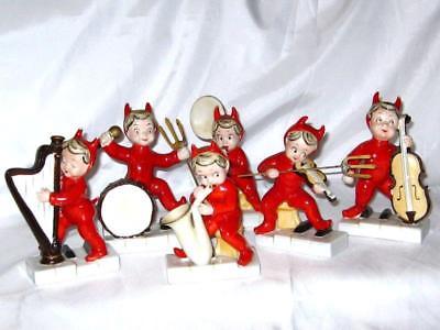 Vintage Ardalt Set 6 Christmas Red Devil Porcelain Figurines Pitchfork Musician