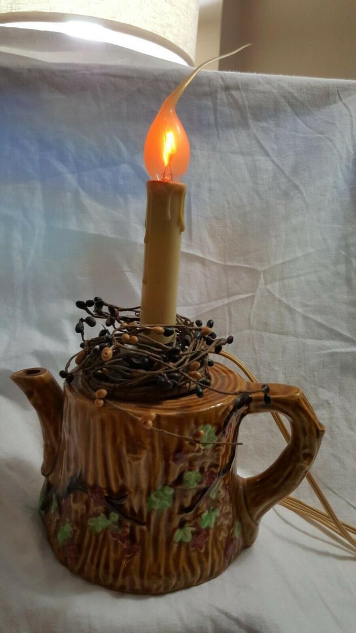 Electric Window Drip Candle Lamp Brown Floral Mug Cup Candle Holder Vtg Japan