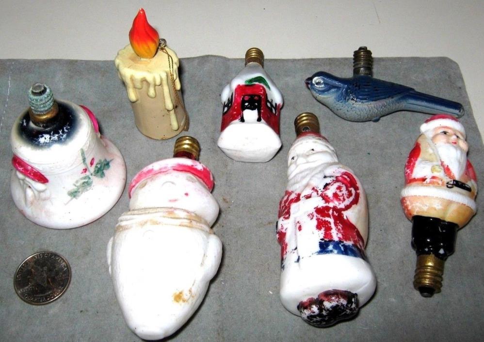 7 Vtg 1950's 1960's Christmas Lighted Glass Ornament Light Bulbs - Snowman Santa