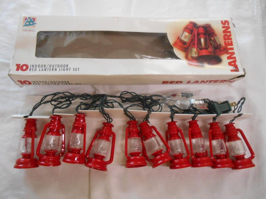 NOS 1996 set of 10 Red Oil / Kerosene look lantern Christmas tree patio lights