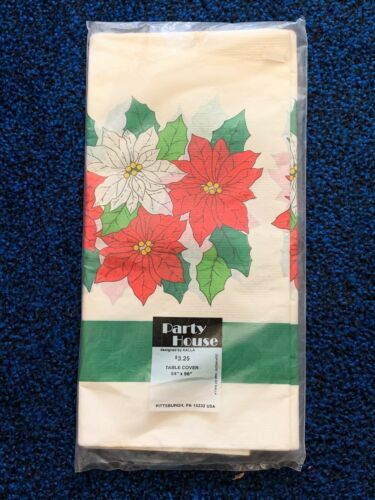 Vintage Christmas Poinsettia Paper Tablecloth 54” X 96”
