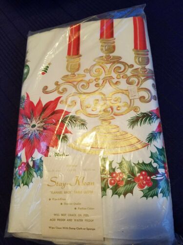 VTG NOS Flannel-Back Vinyl Christmas Tablecloth 52x70 Holly Candles Ornaments