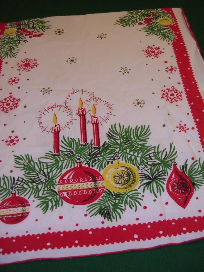 #P Vintage 1950's Christmas Table Cotton Print Runner Pine & Ornaments 36”x 16