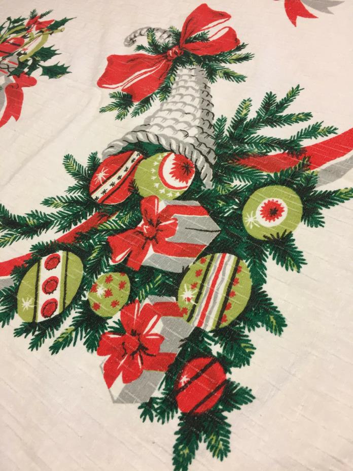 Christmas tablecloth MCM shiny brite ornaments gray red 56 x 52