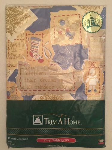 Trim A Home Christmas Vinyl Tablecover 60” Round Flannel-Backed