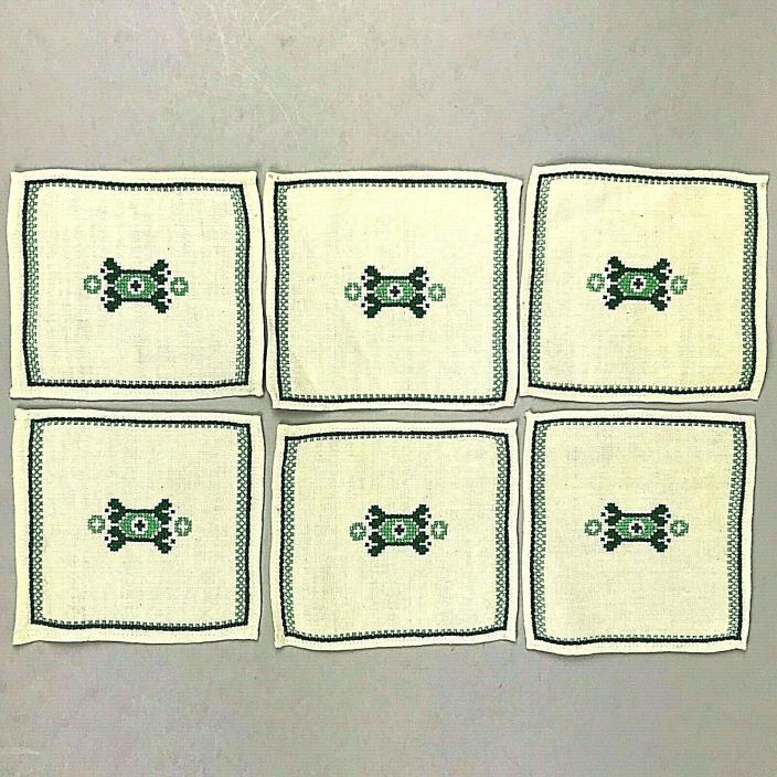 Vintage Linen Coasters Embroidered Cross Stitch Set of 6 Ivory Green