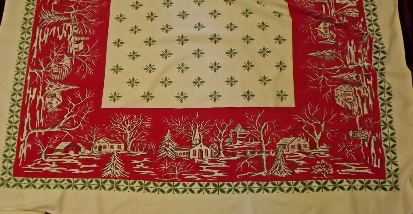 Vintage Christmas Table Cloth Mid-Century Country Scene, Holly Rectangle 58