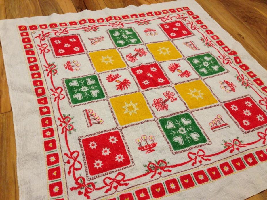 Vintage CHRISTMAS Holiday Textured Cotton Square Table Cloth Colorful 33