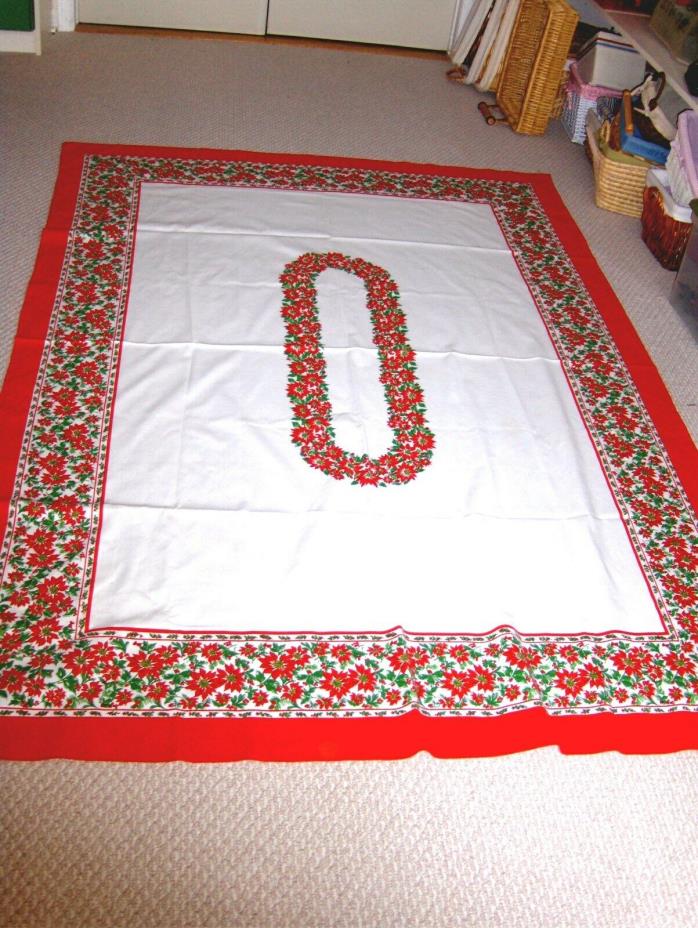Vintage Banquet Size  ( 62 X 106 ) Christmas Poinsettia Tablecloth
