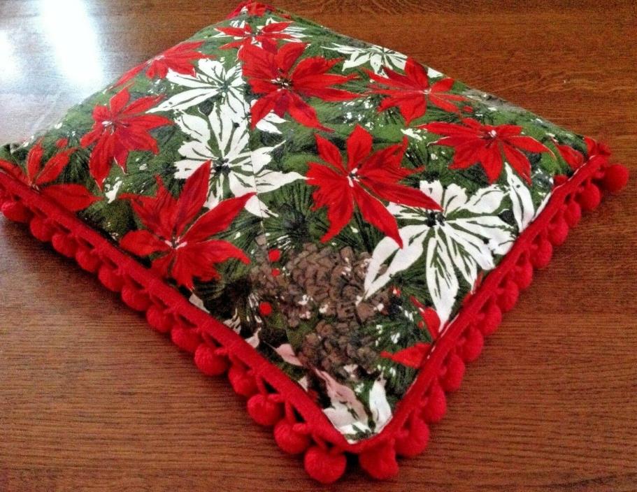 True Vintage Christmas Pillow Pompom Edge White Red Poinsettia