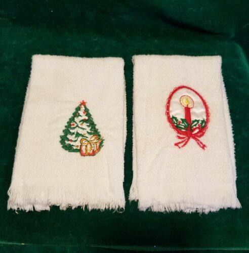 2 Fine Fashion Towels Embroidered Christmas Tree Candle Hand Towels White