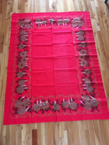 Vintage Christmas Holiday Tablecloth - Gold Poinsettias & Silver Candles - 64x48