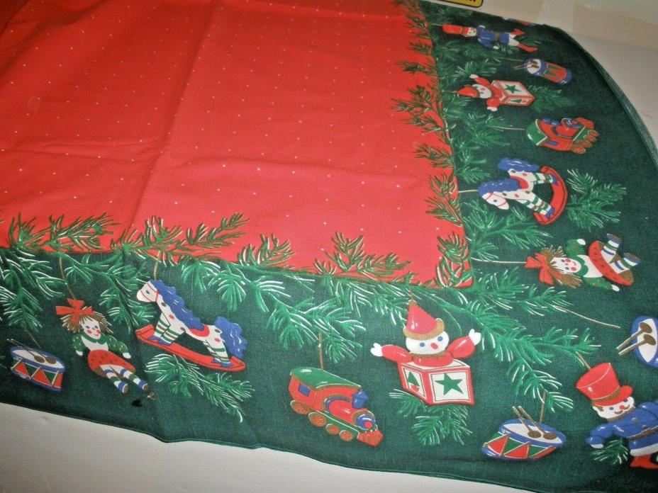 Vintage Christmas Tablecloth Red with Ornaments on Edges 80