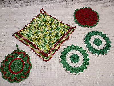 Lot 5 Pc Vtg Christmas Crochet Trivet Hot Pad Dish Cloth Red Green Crocheted