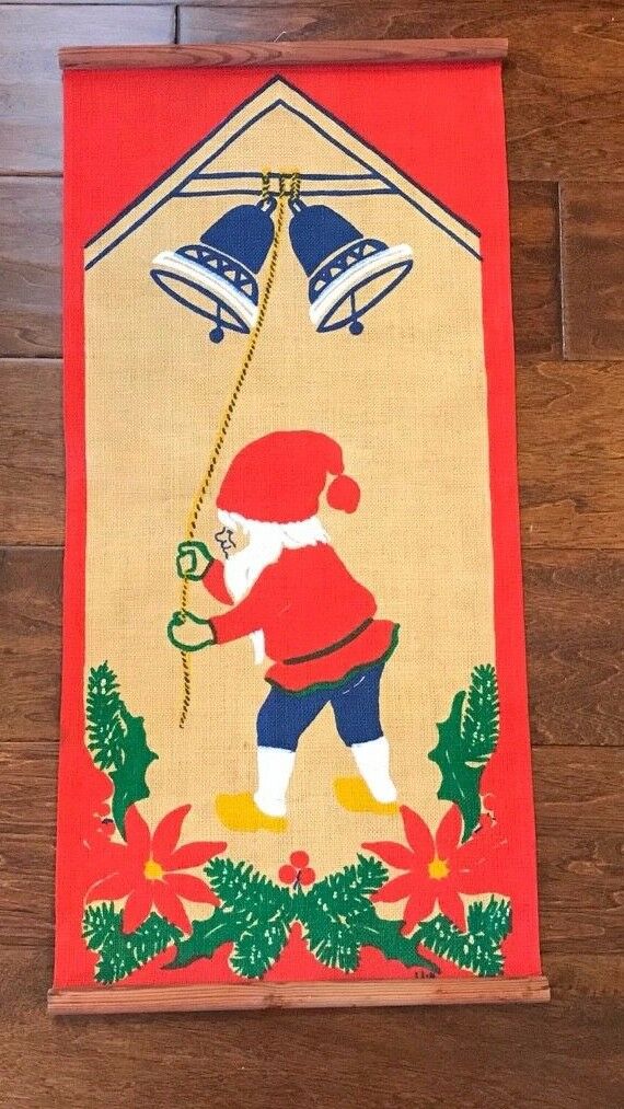 Vintage Hill Christmas Wall Hanging Gnome Ring Bells Sweden Linen Jute !2