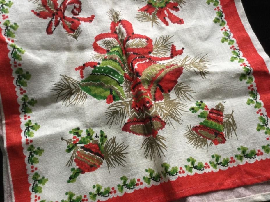 Vintage Christmas Linen Tea Towel - Bells, Wreaths, Candy Canes - 28
