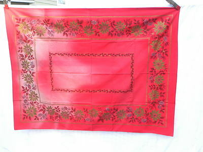 Vint Red Rectangle Christmas Tablecloth for Cutter, Poinsettias Holly Pinecones