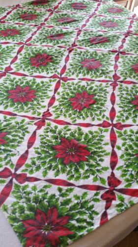 Vintage Fabric Christmas Poinsettia Fabric Rectangle Tablecloth 56”X 62”