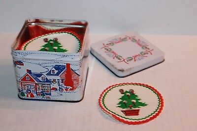 Vintage Interpur 45 pc Wax Back Paper Christmas Tree Coasters In Tin