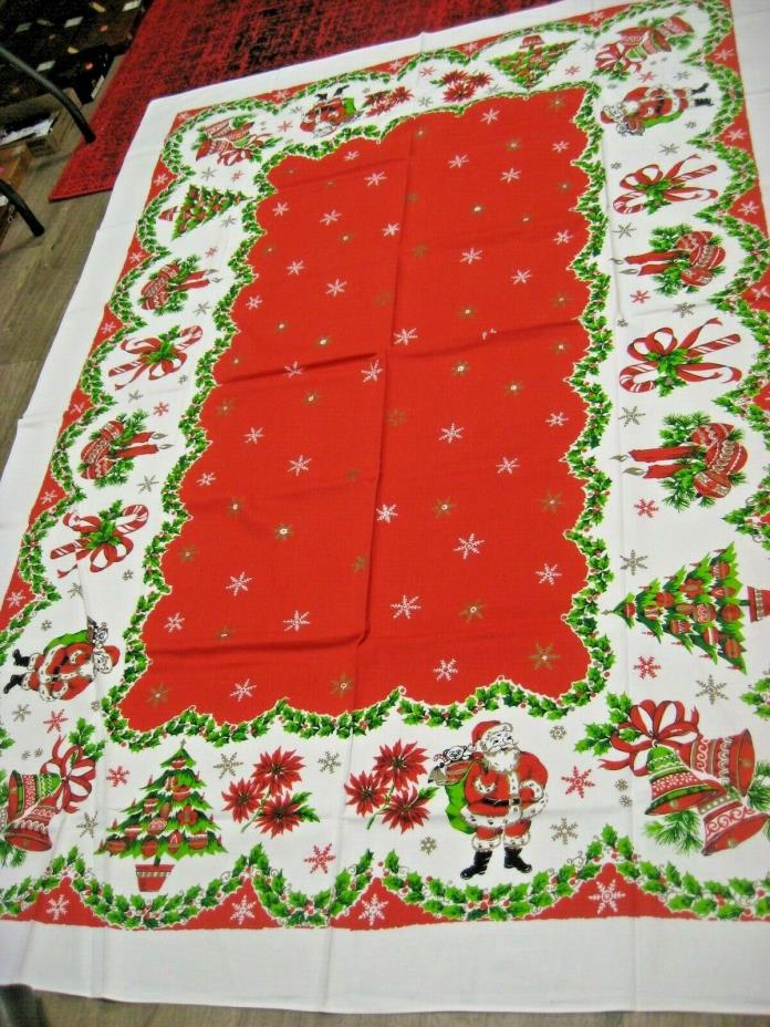 Vintage Printed Christmas tablecloth Oblong Santa BELL candy cane Tablecloth