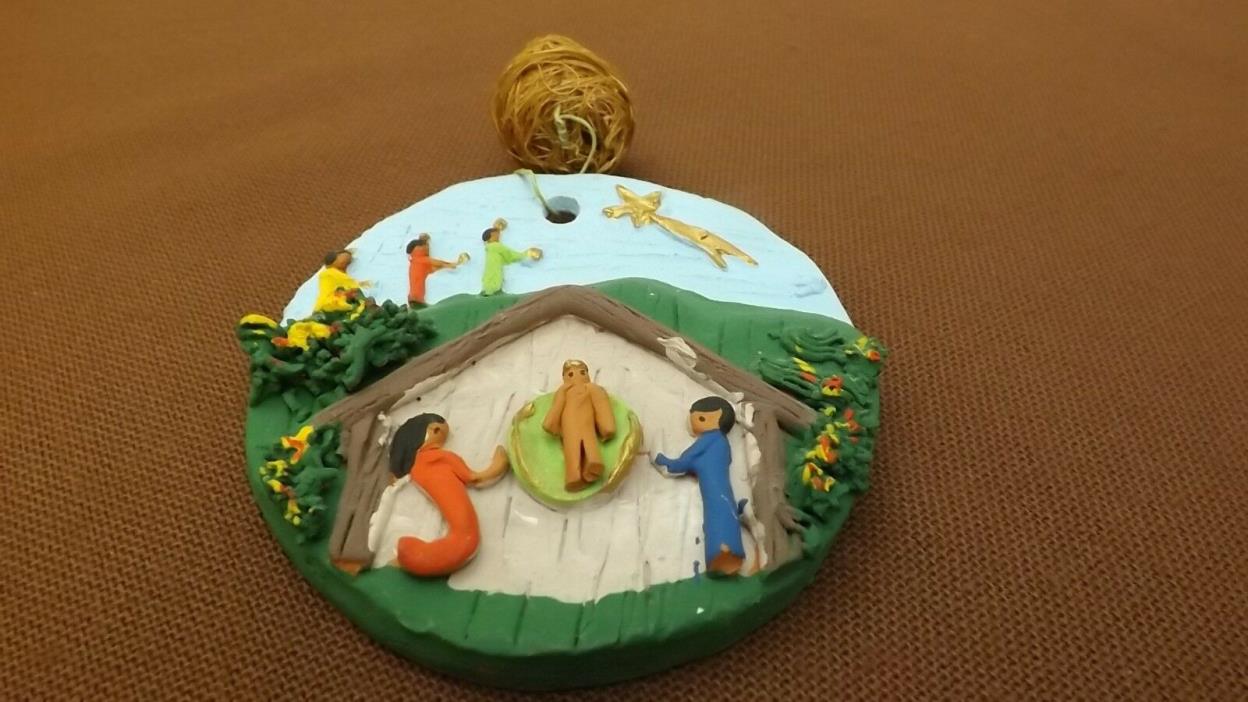1970s Painted Clay Nativity Scene w/5 Figures + Manger + Bird in a Floating Nest