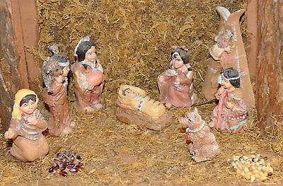 Christmas Nativity Figurine Creche Wood Vintage Moss American Indian Figurines