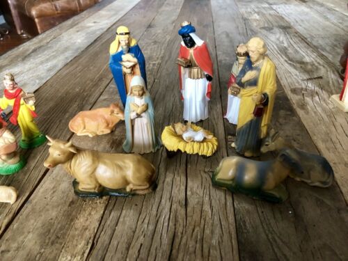 (2)Vintage 1960's Christmas Nativity Set Hong Kong Hard Plastic Figures Animals