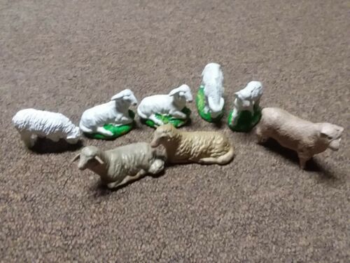 8 Vintage Nativity Sheep Figurine Old Composition Germany Christmas Lot