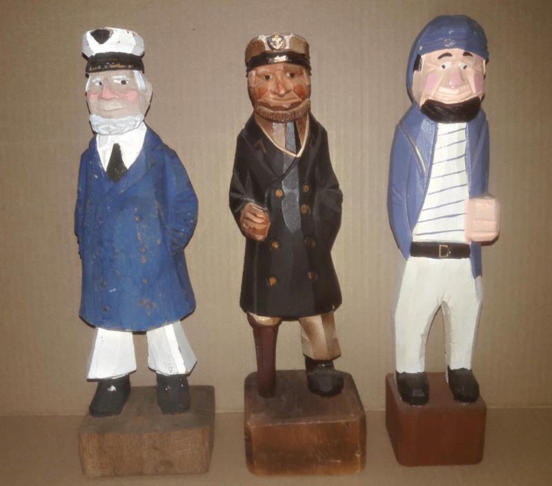 3 Wooden Seamen Vintage Hand Carved Painted Wooden Figurines 12