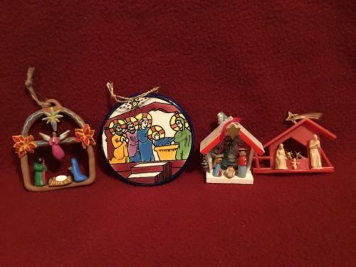 Vintage Nativity Ornaments (4) 1 Ceramic-1 Wood-1 Clay-1 Plastic