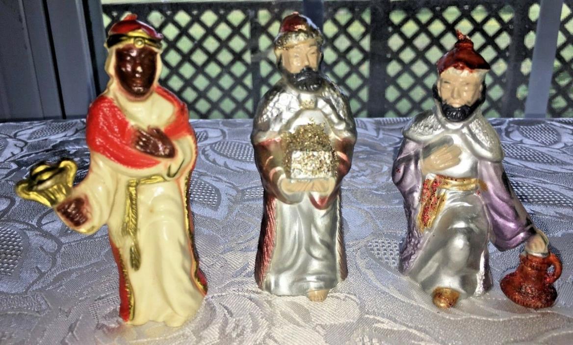 Vtg Hard Plastic Wise Men Nativity Figures Silver Glittered LOT of 3 Mid Century
