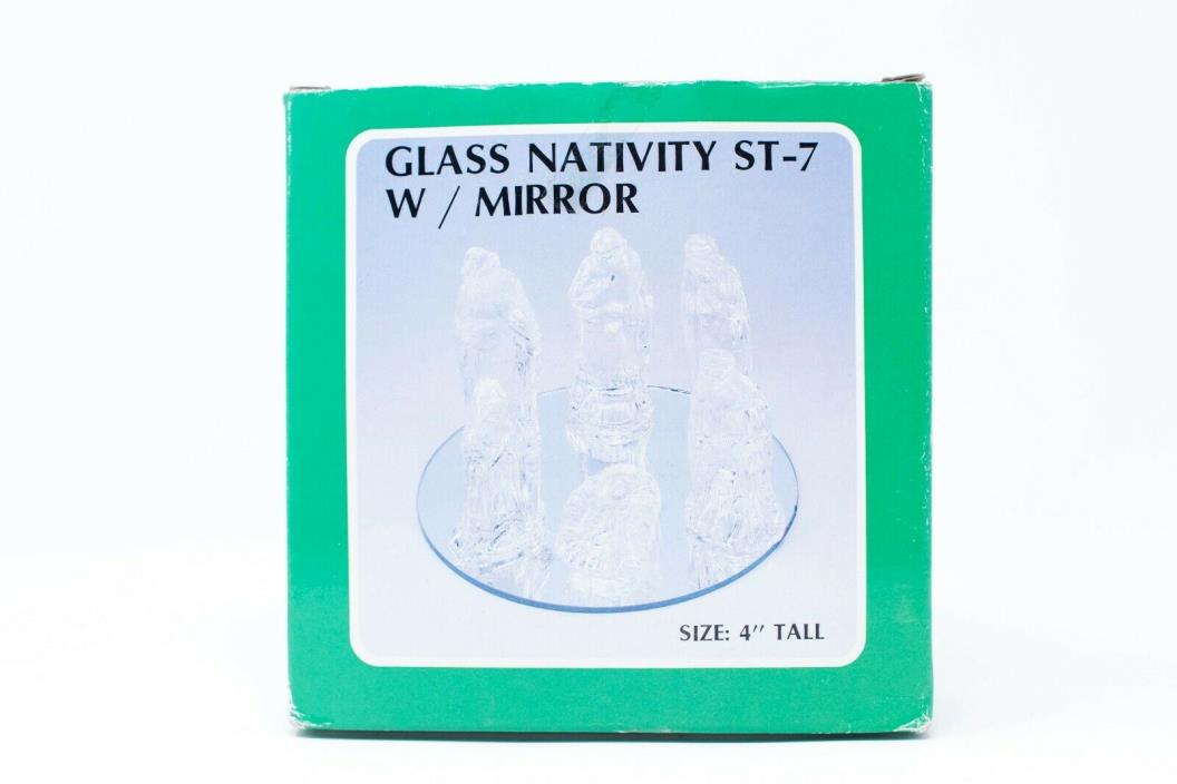 Vintage 7 Piece Glass Nativity Set With Mirror Still in Box