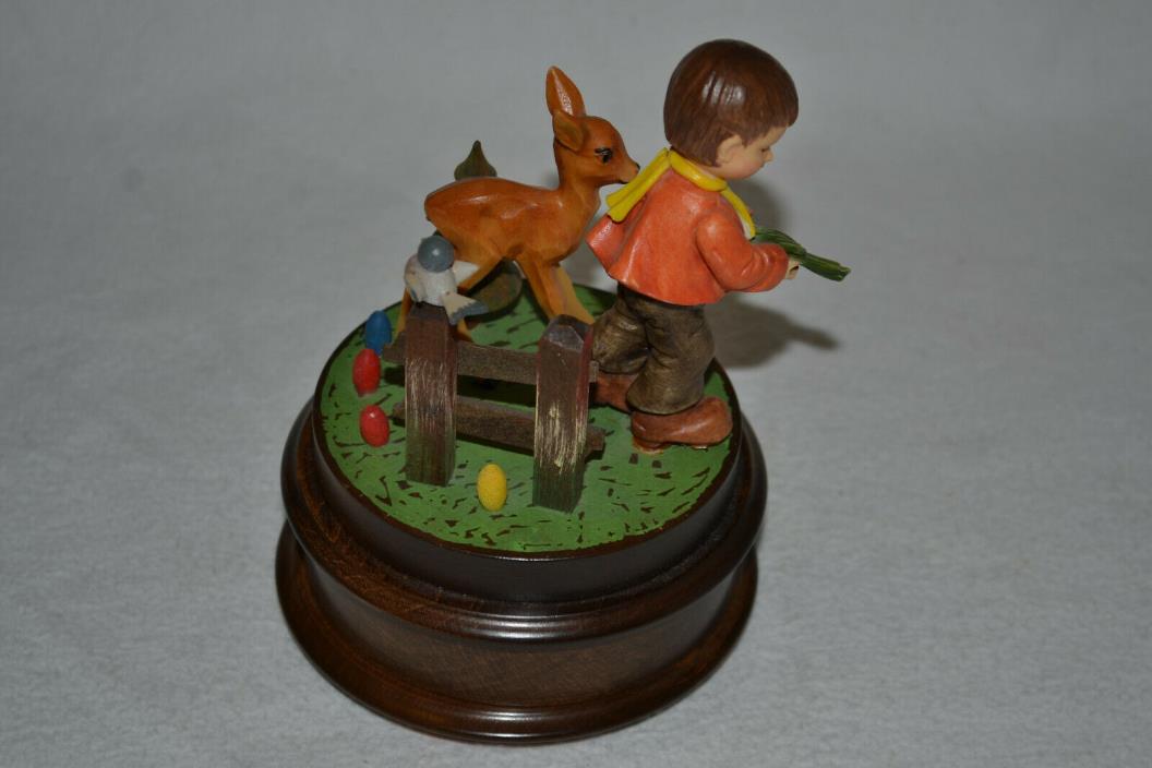 Vintage Carved Wood Boy Deer Bird w/ Reuge Music Box “Alles neu match der Mai