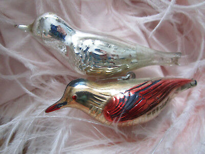 2 Vtg Bird Christmas Ornaments Plastic Color & Silver Mercury Glass 3.5