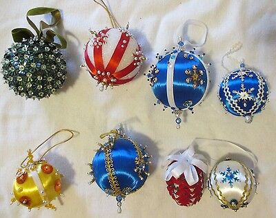 8 VINTAGE 1960's CHRISTMAS ORNAMENTS/BULBS SATIN SEQUINS FAUX PEARLS BEADS CLOTH