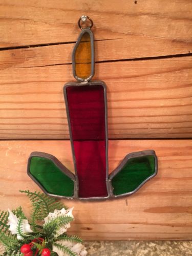 Vintage Stained Glass Christmas Candle Sun Catcher EUC