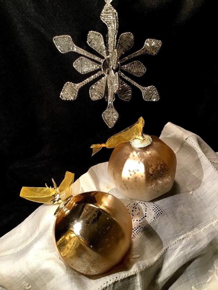 (3)Vintage Kugel Style-Silver Heavy Mercury Glass & Crystal Bugle Bead Ornament