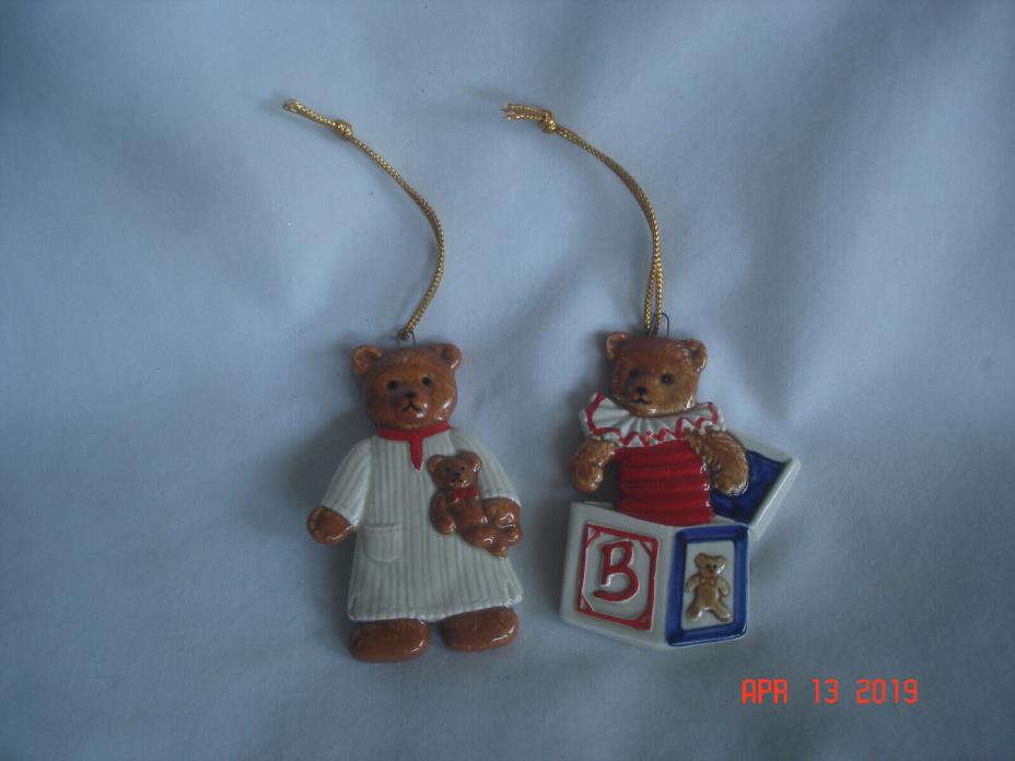 2 1983 GORDON FRASER SCHMID CERAMIC TEDDY BEAR CHRISTMAS ORNAMENTS Labels/Japan