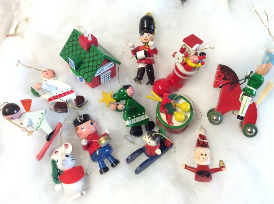 12 Vintage Wooden Christmas Ornaments 2”- 4”