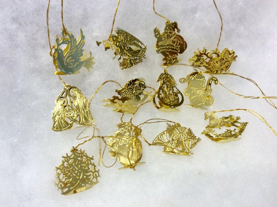 12 Gold Brass Filigree Metal Feather Tree Christmas Ornaments