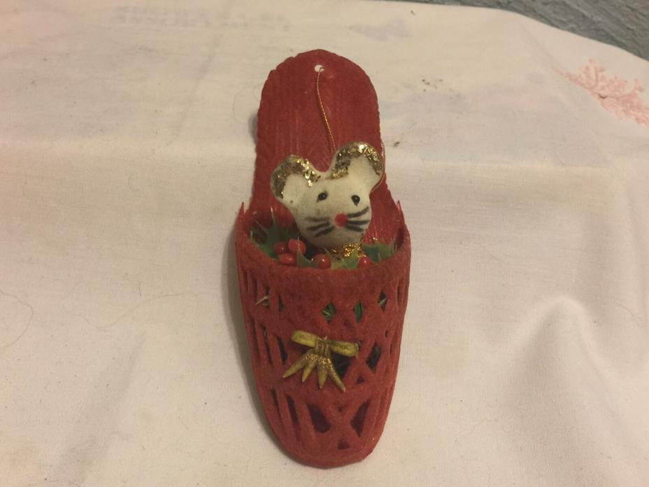 Vtg Xmas Tree Ornament: Flocked Mouse In Slipper