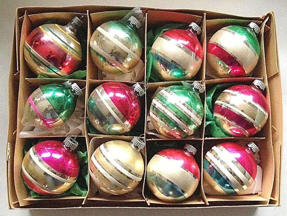 12 Vtg Shiny Brite MEDIUM Striped Christmas Ornaments Feather Tree Pink Green +