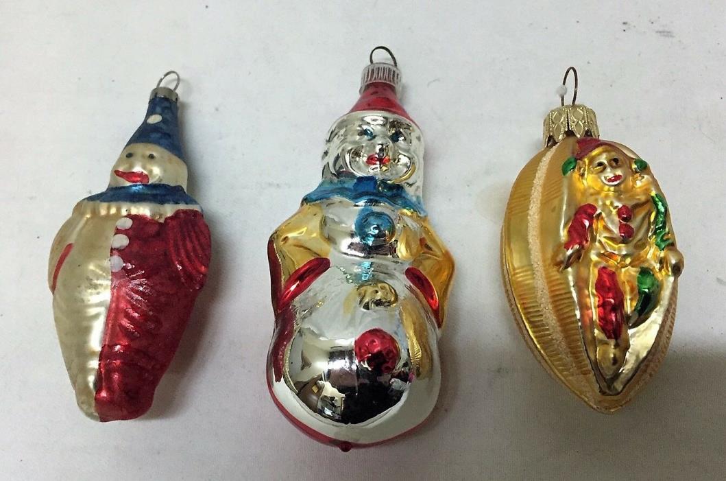 3 Old Blown Glass CLOWN Ornaments!
