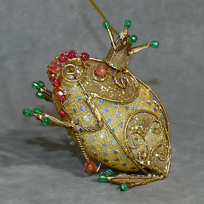 Christmas Ornament Metal FROG KING Crown Unique HTF Beads Sequins 4